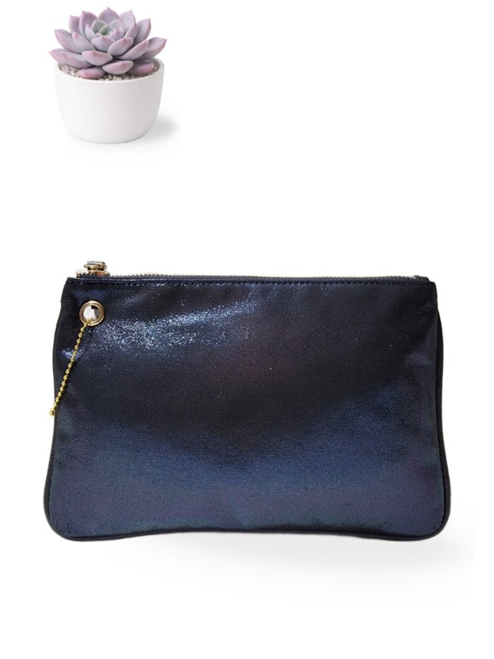 Free People Metallic Navy Blue Iridescent Zip Clutch Pouch Wristlet Bag